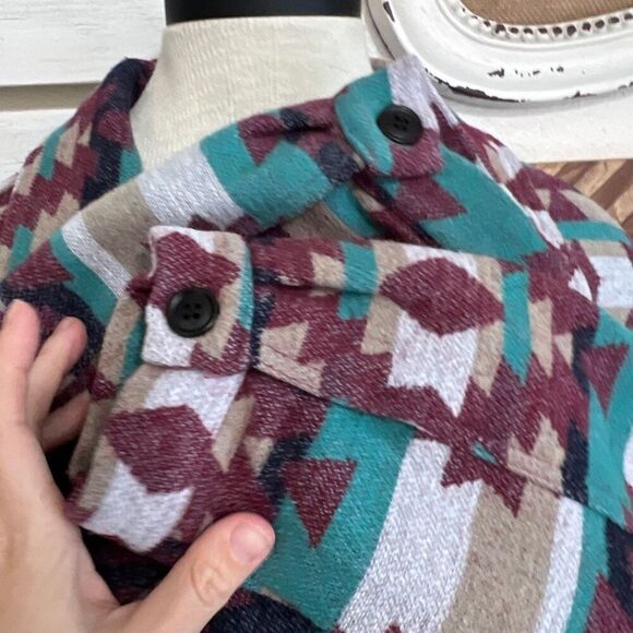 Aztec boho flannel schacket blue burgundy sweater jacket size med oversized - Picture 11 of 15